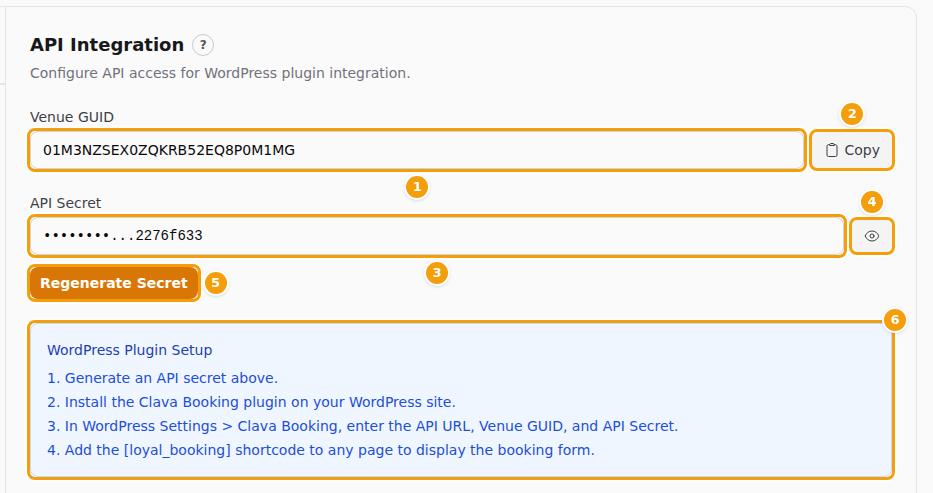The API Integration tab: Venue GUID (1) with Copy (2), API Secret (3) with the eye button (4), Regenerate Secret (5) and the WordPress Plugin Setup box (6)