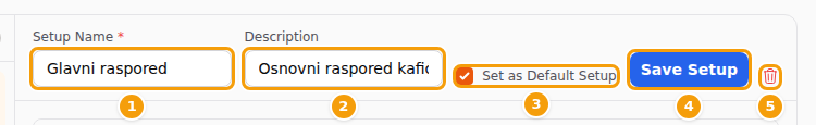 The setup bar: Setup Name (1), Description (2), Set as Default Setup (3), Save Setup (4) and the trash can (5)