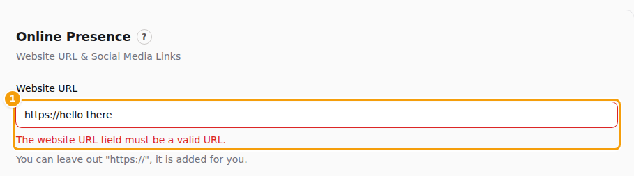 A red message under Website URL (1) when the address is not valid; nothing is saved