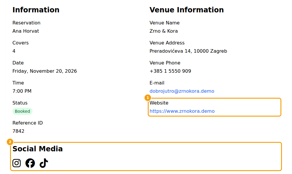 The Booking Details page: the Website row (1) and the Social Media icons (2)