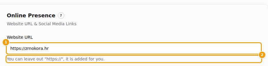 Website URL after typing zrnokora.hr and clicking outside the box: the address is now complete (1), with the hint under it (2)