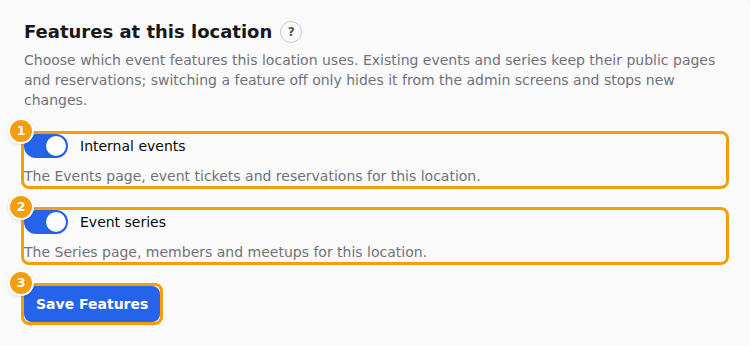 The Features at this location tab: Internal events (1), Event series (2) and Save Features (3)