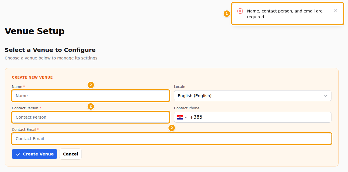 Required fields left empty: the red message (1) and the three fields with a red star (2)
