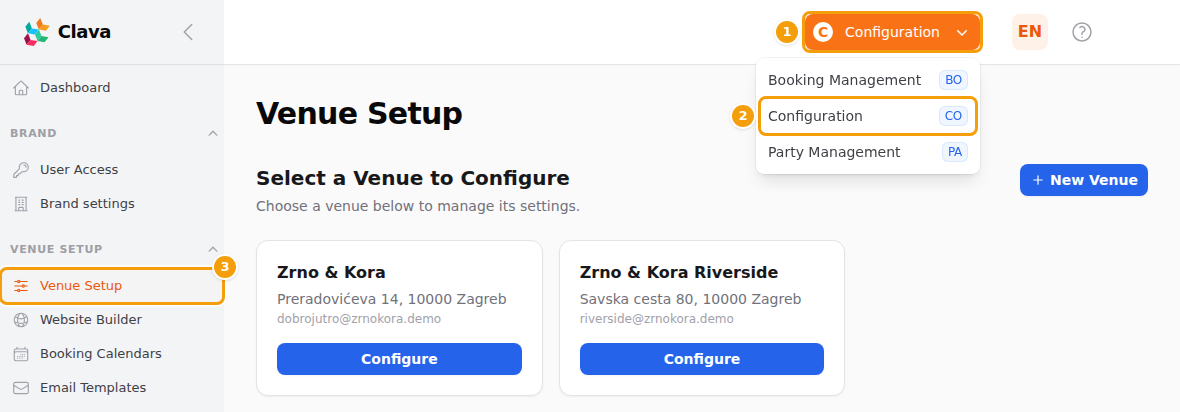 The orange area button (1), Configuration in its list (2) and Venue Setup in the menu (3)