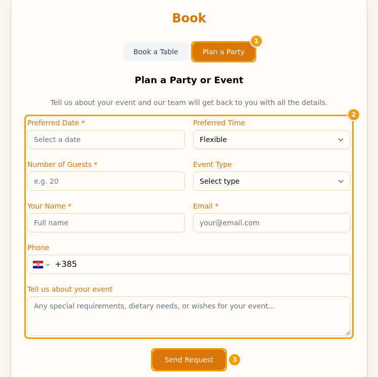 The Plan a Party tab (1), the request form (2) and the Send request button (3)