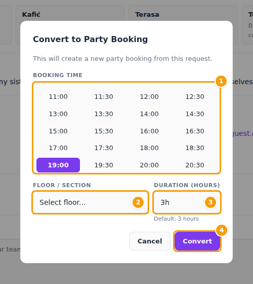 The dialog Convert to Party Booking: time (1), floor (2), duration (3) and Convert (4)