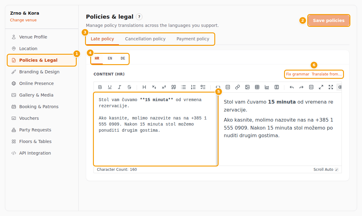 The Policies & Legal tab (1), Save policies (2), the three policies (3), the languages (4), the text box (5) and the two helper buttons (6)