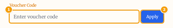 The Voucher Code box (1) and the Apply button (2) on the booking form