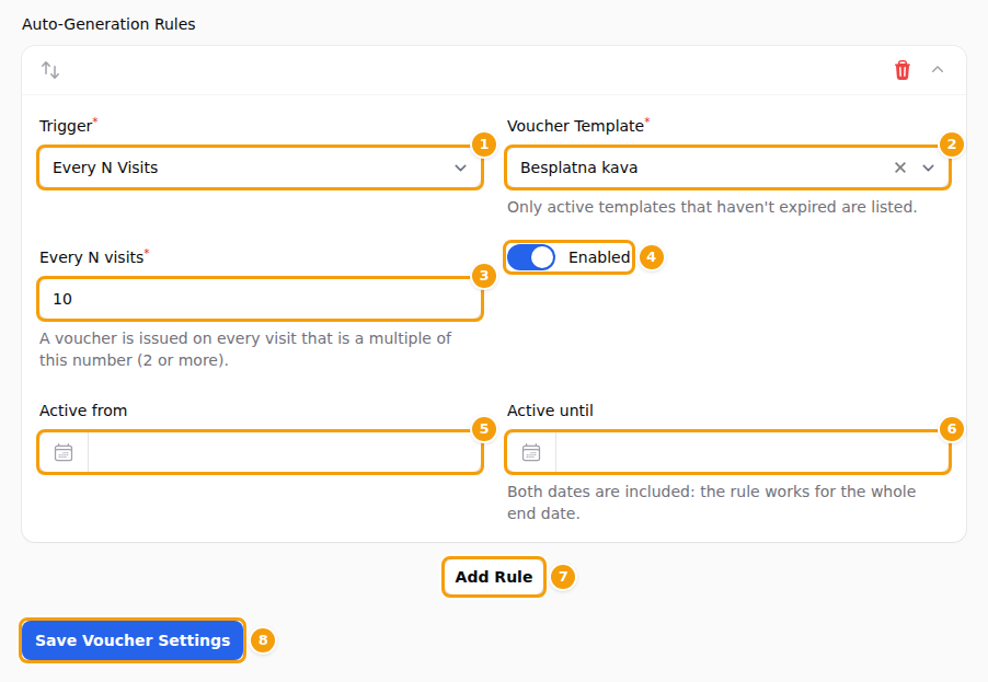 One rule with its fields (1) to (6), the button Add Rule (7) and Save Voucher Settings (8)