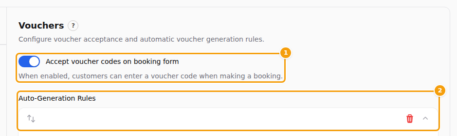 The switch Accept voucher codes on booking form (1) and the list of automatic rules (2)