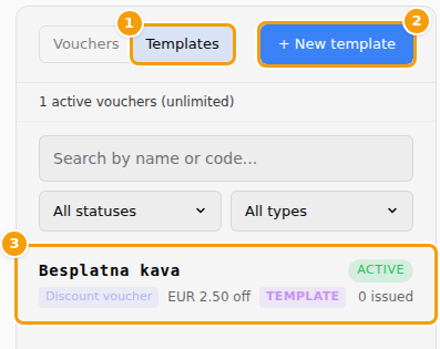 Marketing → Vouchers: the Templates tab (1), + New template (2) and a template in the list (3)