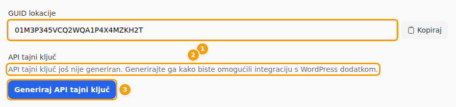 Lokacija bez ključa: GUID lokacije (1), napomena da ključ još ne postoji (2) i Generiraj API tajni ključ (3)