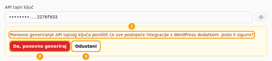 Pitanje prije izrade novog ključa: upozorenje (1), Da, ponovno generiraj (2) i Odustani (3)