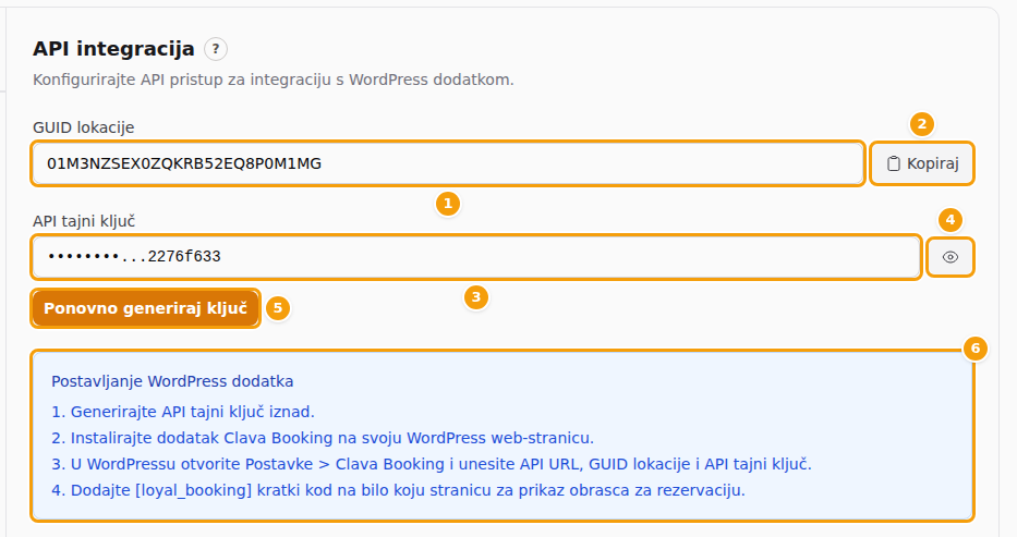 Kartica API integracija: GUID lokacije (1) s gumbom Kopiraj (2), API tajni ključ (3) s gumbom oka (4), Ponovno generiraj ključ (5) i okvir Postavljanje WordPress dodatka (6)