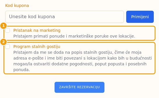 Obrazac za rezervaciju s potvrdnim okvirom Pristanak na marketing (1) i potvrdnim okvirom Program stalnih gostiju (2)