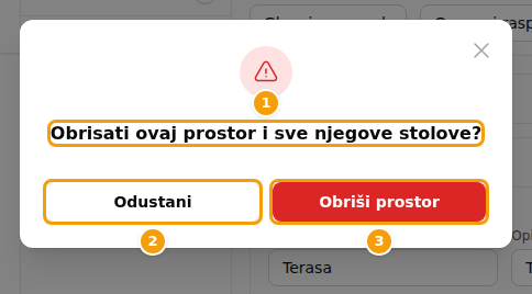 Pitanje prije brisanja prostora: pitanje (1), Odustani (2) i Obriši prostor (3)