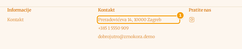 Podnožje web-stranice: adresa (1) dolazi s kartice Lokacija