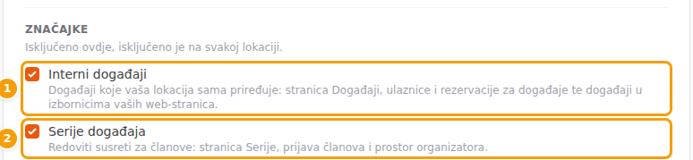 Postavke brenda, kartica Značajke: Interni događaji (1) i Serije događaja (2)