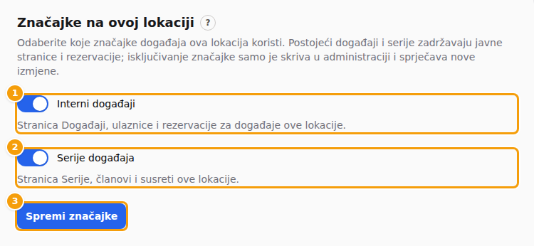 Kartica Značajke na ovoj lokaciji: Interni događaji (1), Serije događaja (2) i Spremi značajke (3)
