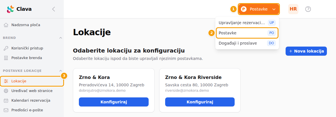 Narančasti gumb područja (1), Postavke na njegovu popisu (2) i Lokacije u izborniku (3)