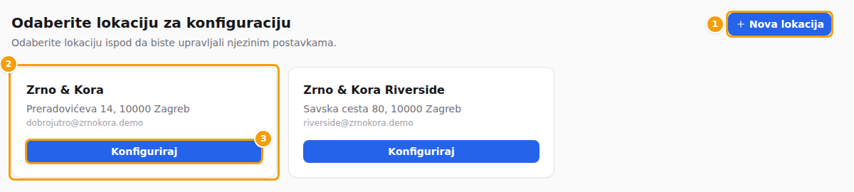 Popis lokacija: Nova lokacija (1), pločica lokacije (2) i njezin gumb Konfiguriraj (3)