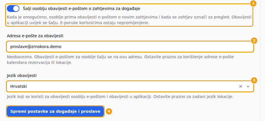 Prekidač obavijesti e-poštom osoblju (1), adresa e-pošte za obavijesti (2), jezik obavijesti (3) i Spremi postavke za događaje i proslave (4)