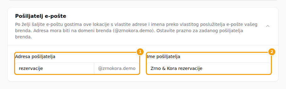 Odjeljak Pošiljatelj e-pošte s uključenim vlastitim poslužiteljem e-pošte: adresa s nepromjenjivom domenom (1) i ime (2)