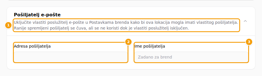 Odjeljak Pošiljatelj e-pošte dok je vlastiti poslužitelj e-pošte isključen: objašnjenje (1), Adresa pošiljatelja (2) i Ime pošiljatelja (3) ne mogu se uređivati