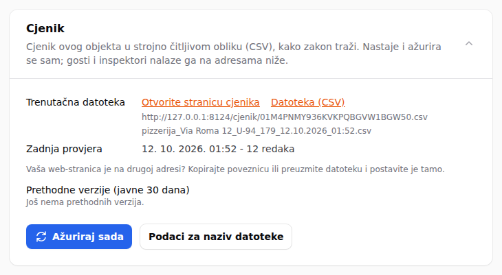 Kartica Cjenik: poveznice, zadnja provjera, retci i prethodne verzije