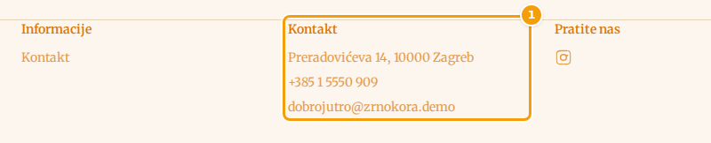 Podnožje web-stranice: u stupcu Kontakt su adresa, telefon i adresa e-pošte (1) — dolaze iz vaše lokacije