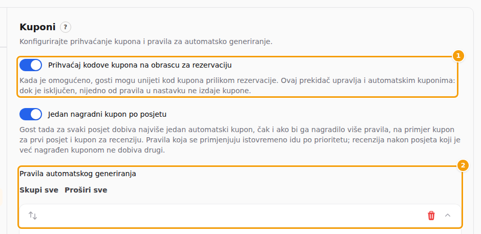 Prekidač Prihvaćaj kodove kupona na obrascu za rezervaciju (1) i popis Pravila automatskog generiranja (2)