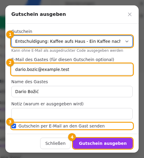 Einen Gutschein ausgeben: der Gutschein (1), die E-Mail des Gastes (2), die E-Mail-Option (3) und der Button (4)
