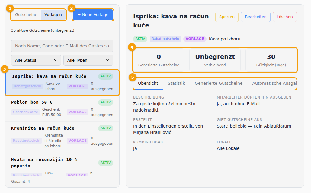 Der Tab Vorlagen: der Umschalter (1), + Neue Vorlage (2), eine Vorlage (3), was sie ausgegeben hat (4) und ihre Tabs (5)