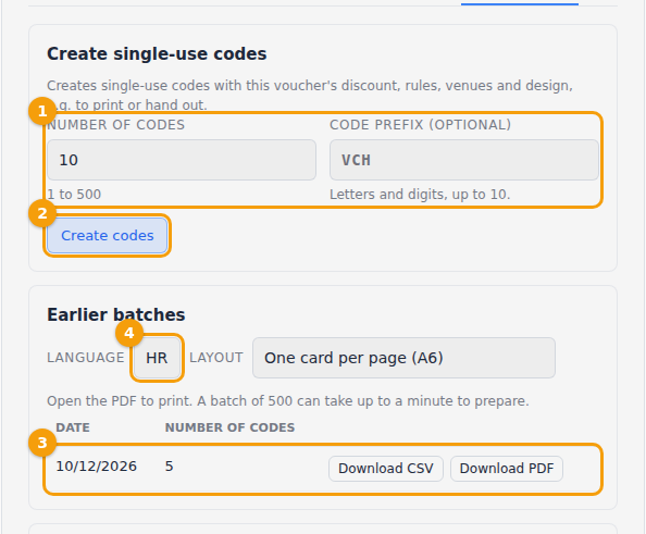 The Bulk codes tab: the number and the prefix (1), Create codes (2), a batch with Download CSV and Download PDF (3) and the print language and layout (4)