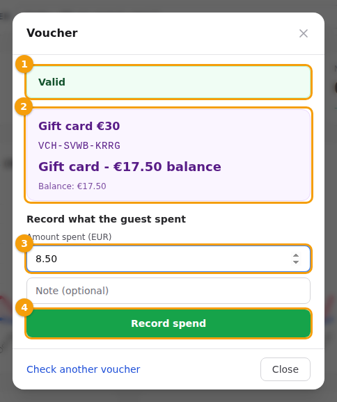 A gift card: Valid (1), the card and its balance (2), the amount spent (3) and Record spend (4)