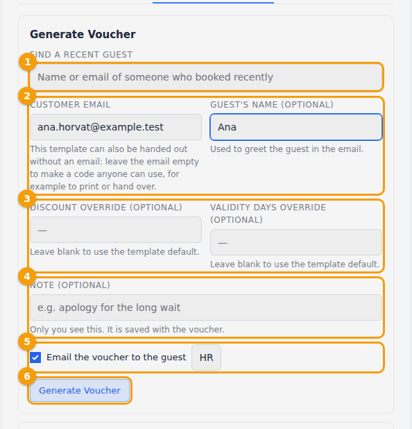 The Generate Voucher card: Find a recent guest (1), the email and name (2), the overrides (3), the note (4), the email options (5) and Generate Voucher (6)