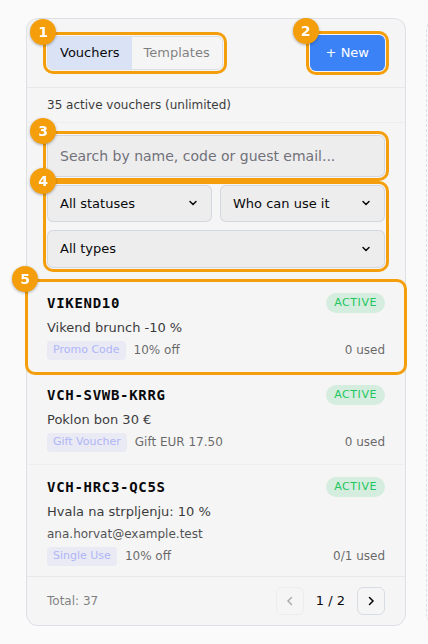 The list: Vouchers and Templates (1), + New (2), the search box (3), the filters (4) and a voucher in the list (5)
