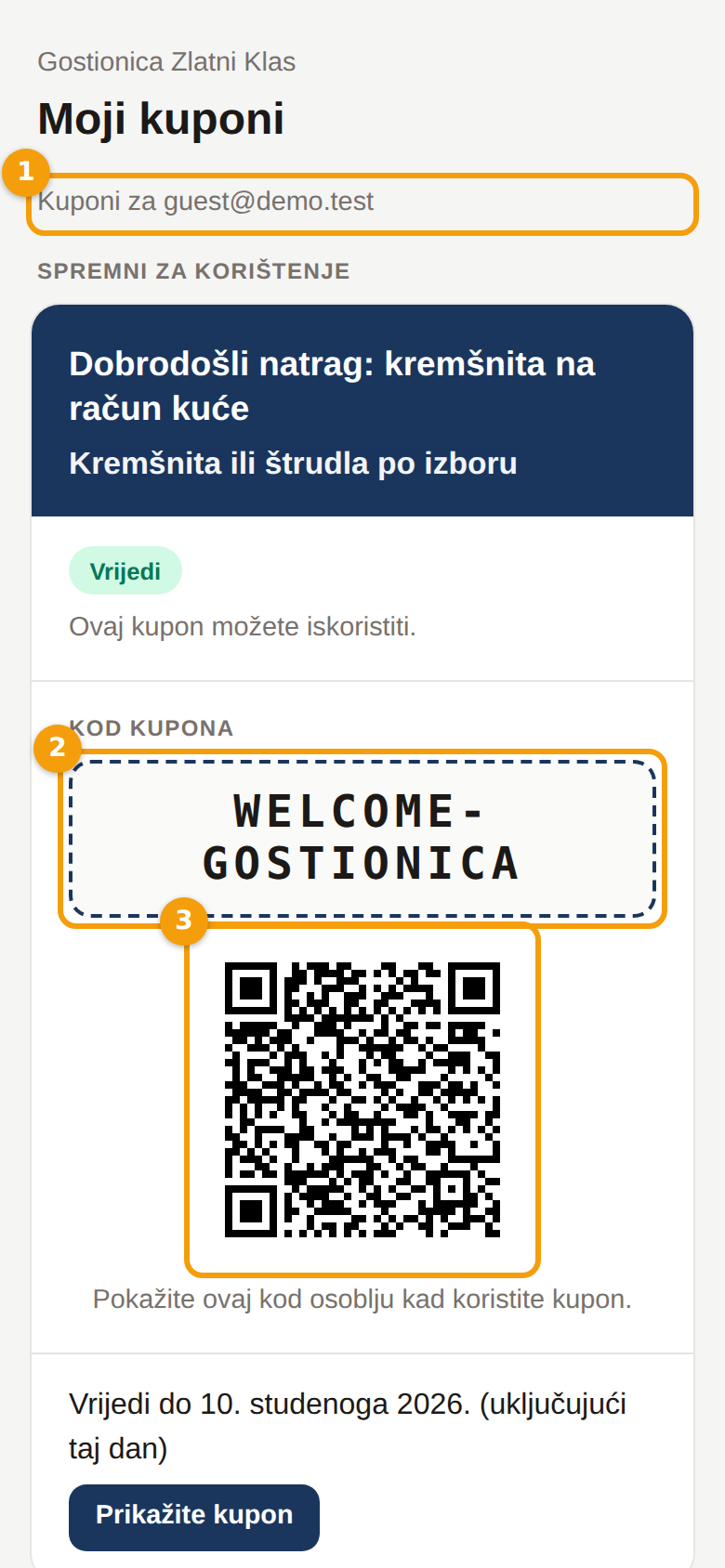 Novčanik na mobitelu: adresa e-pošte kojoj pripada (1), kupon s kodom (2) i njegov QR kod (3)