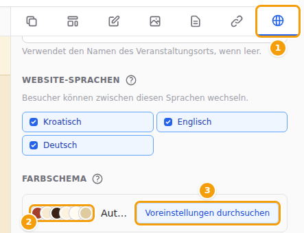 Der Tab Website (1), Ihre Farben (2) und Voreinstellungen durchsuchen (3)
