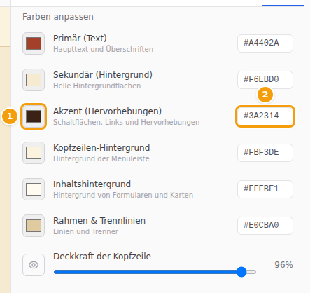 Das Farbquadrat (1) und der Farbcode (2) der Akzentfarbe