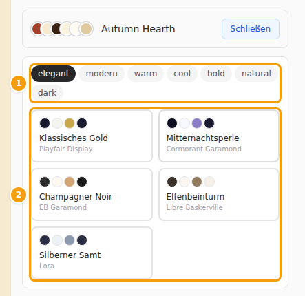 Einen Stil wählen (1), dann ein Farbschema (2)
