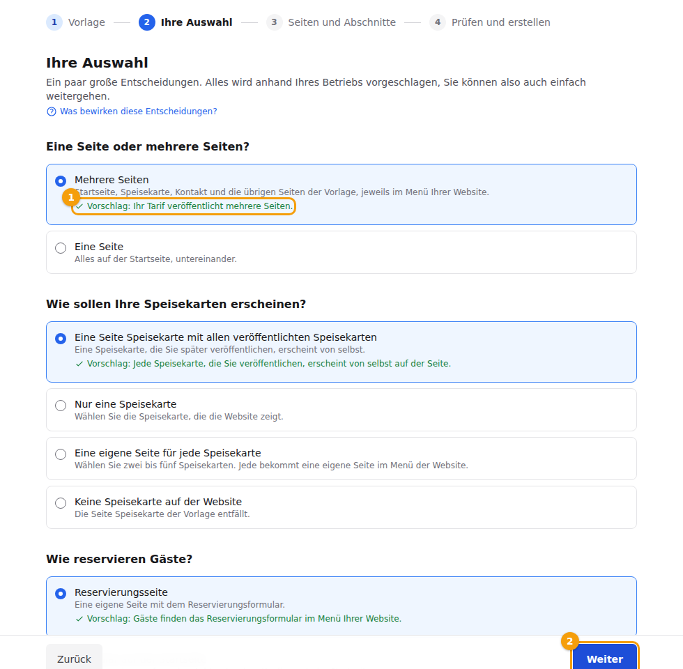 Eine Entscheidung mit ihrem Vorschlag (1) und Weiter (2)