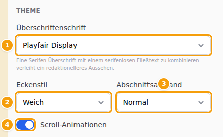 Überschriftenschrift (1), Eckenstil (2), Abschnittsabstand (3) und Scroll-Animationen (4)