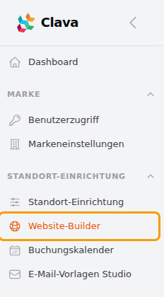 Website-Builder im Menü links, unter Standort-Einrichtung