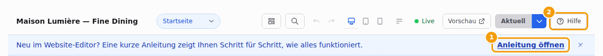 Der Hinweis beim ersten Besuch mit Anleitung öffnen (1) und die Schaltfläche Hilfe (2)