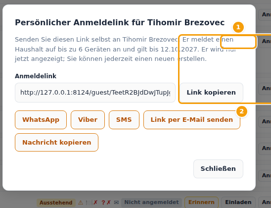 Der persönliche Link: Link kopieren (1) und die Wege, ihn zu senden (2)