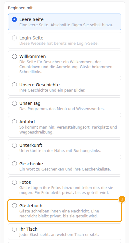 Wählen Sie im Formular Seite hinzufügen die Option Gästebuch (1)