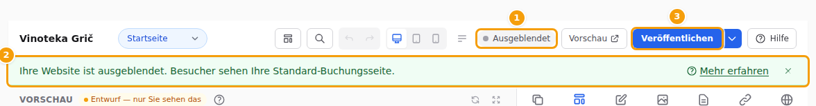 Die Anzeige Ausgeblendet (1), die Meldung (2) und die Schaltfläche Veröffentlichen (3)