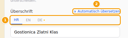 Die Sprach-Tabs eines Textes (1) und Automatisch übersetzen (2)
