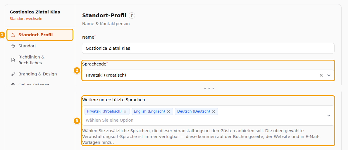 Standort-Profil (1): die Hauptsprache (2) und die weiteren Sprachen (3)